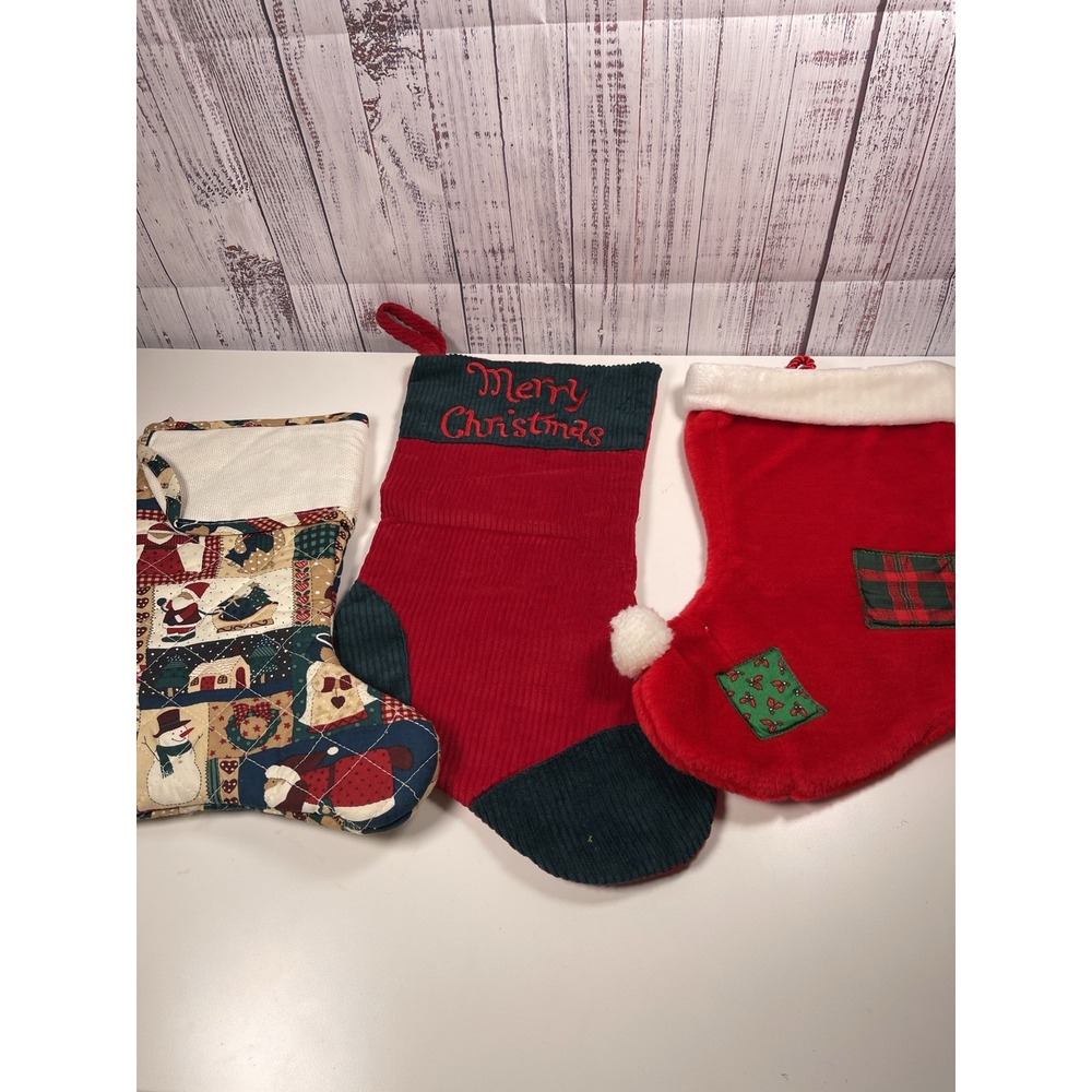 3 Vtg  Quilted Christmas Stocking Lot Holiday Reindeer Teddy Bear